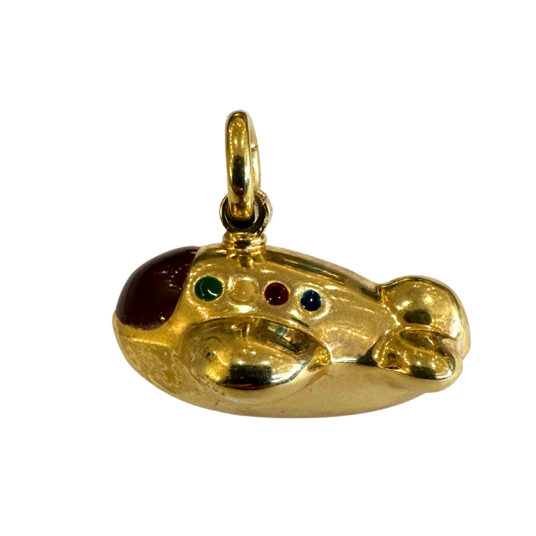 14k yellow gold puffy airplane charm featuring a red enamel nose and colorful window accents.