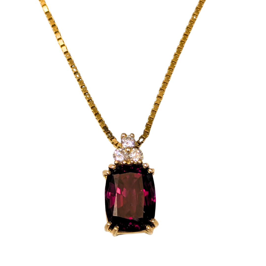 14k Yellow Gold Rhodolite Garnet and Diamond Pendant on a 15" 14k Yellow Gold Box Chain-Necklace-Antique, Estate & Consignment-hurdles-jewelry-boulder-colorado