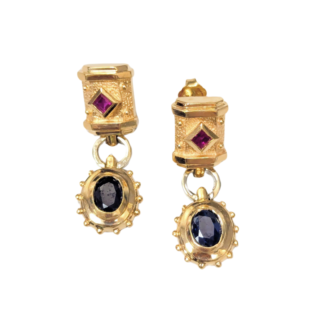 14k Yellow Gold Ruby and Sapphire Modernist Earrings-Earrings-Antique, Estate & Consignment-hurdles-jewelry-boulder-colorado