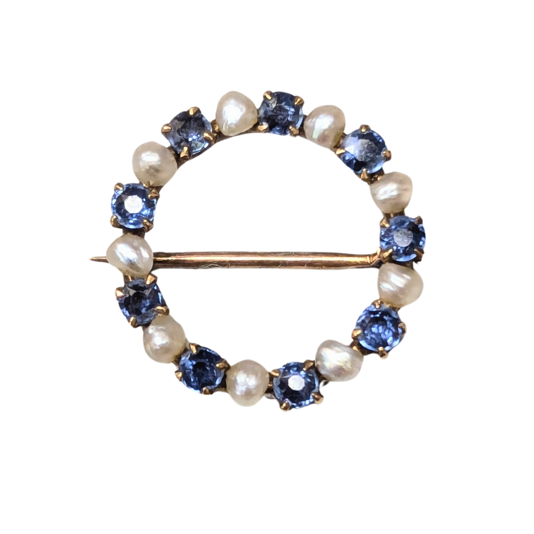 14k Yellow Gold Sapphire and Diamond Circle Pin-Pin-Antique, Estate & Consignment-hurdles-jewelry-boulder-colorado