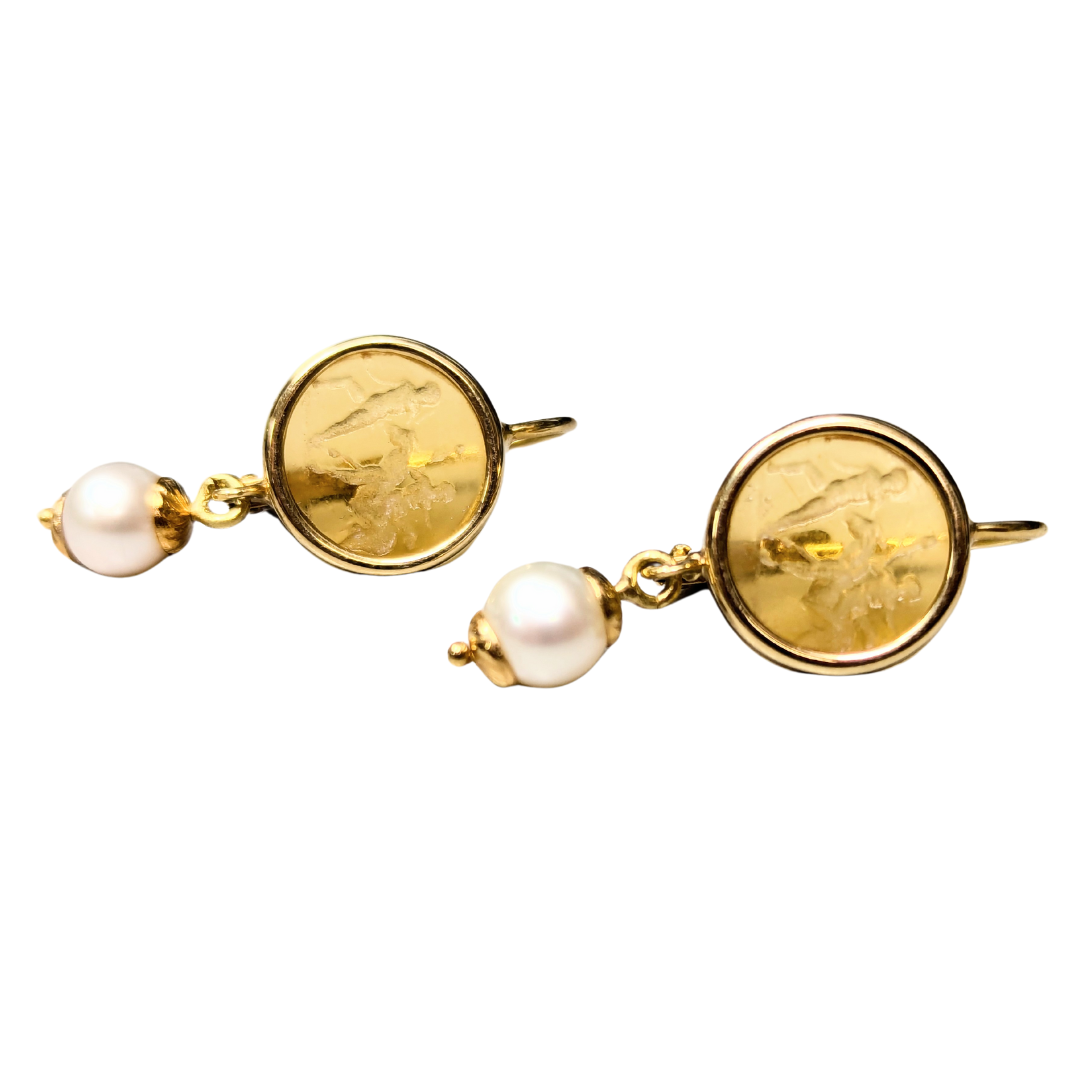 Tagliamonte 14k yellow gold drop earrings featuring yellow glass intaglio discs and cultured pearl accents.