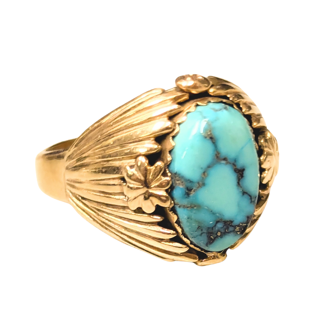 14k yellow gold signet ring featuring an oval turquoise stone with intricate floral and leaf motifs.