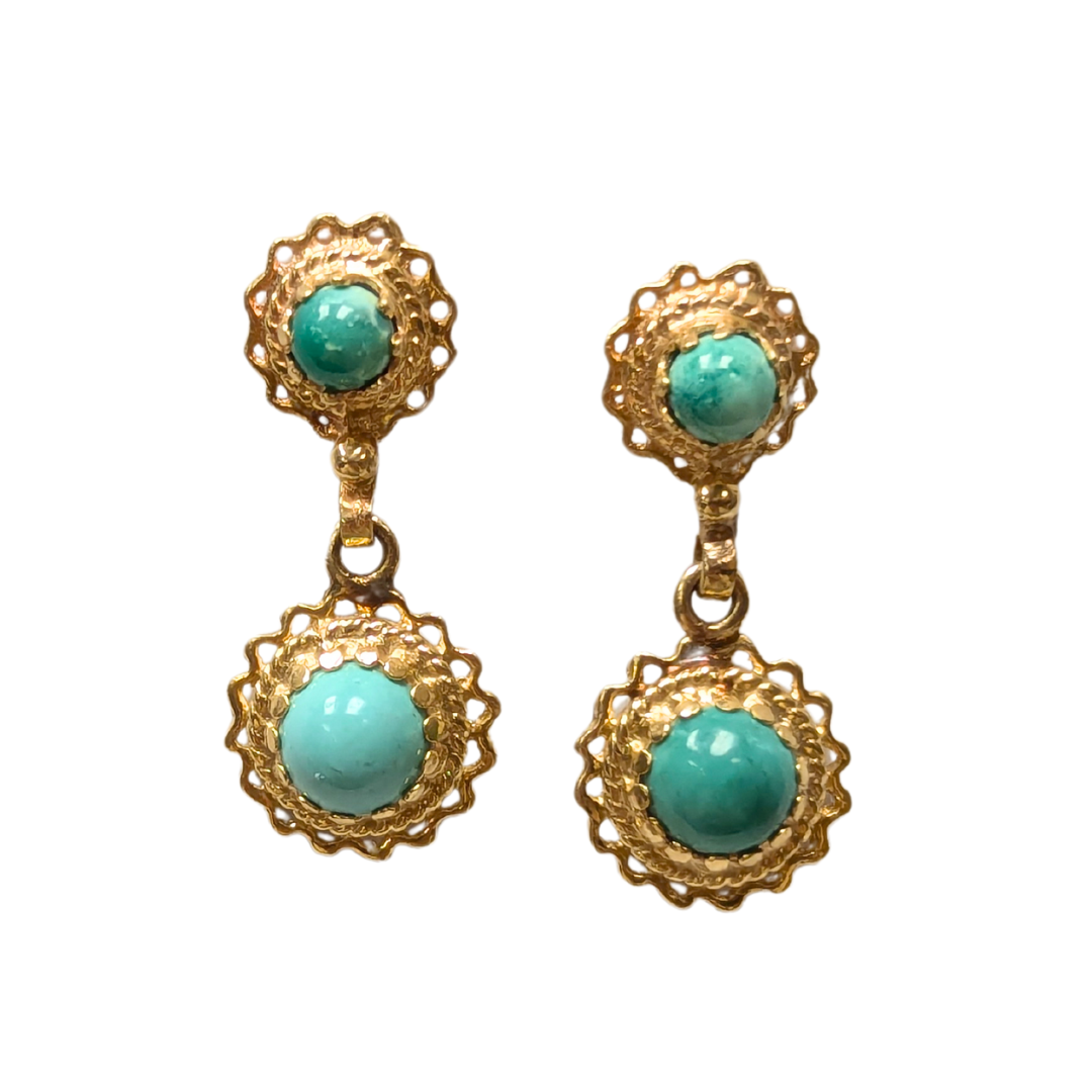 Victorian Revival drop earrings featuring round turquoise cabochons set in ornate 14k yellow gold filigree frames.