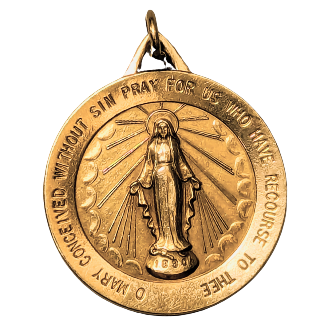 14k yellow gold Miraculous Medal charm featuring the Virgin Mary with rays of light and engraved prayer text.