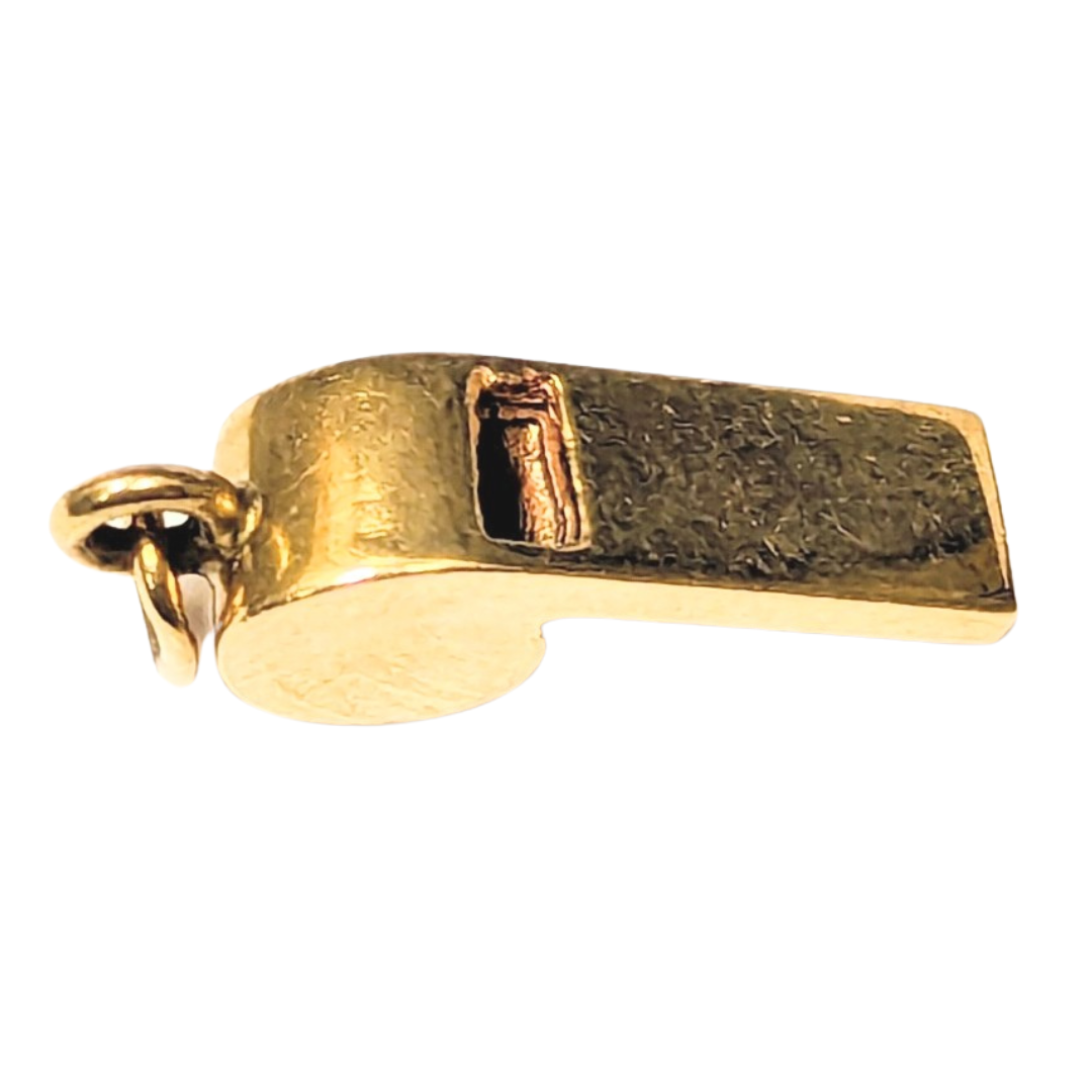 Polished 14k yellow gold whistle charm with a small attached jump ring for a necklace or bracelet.