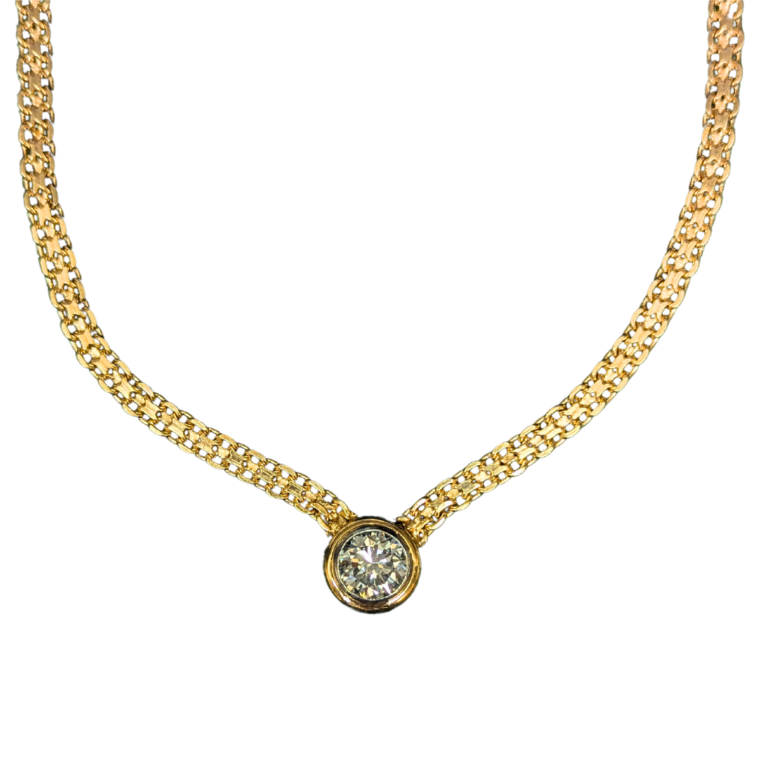 14k yellow gold necklace with a 2.31ct round brilliant diamond in a bezel setting on a woven X-link chain.