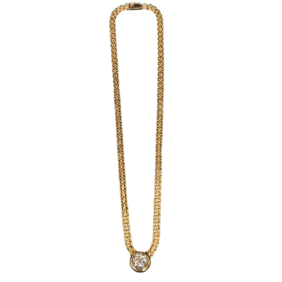 14k yellow gold necklace with a 2.31ct bezel-set round diamond on a woven X-link chain.