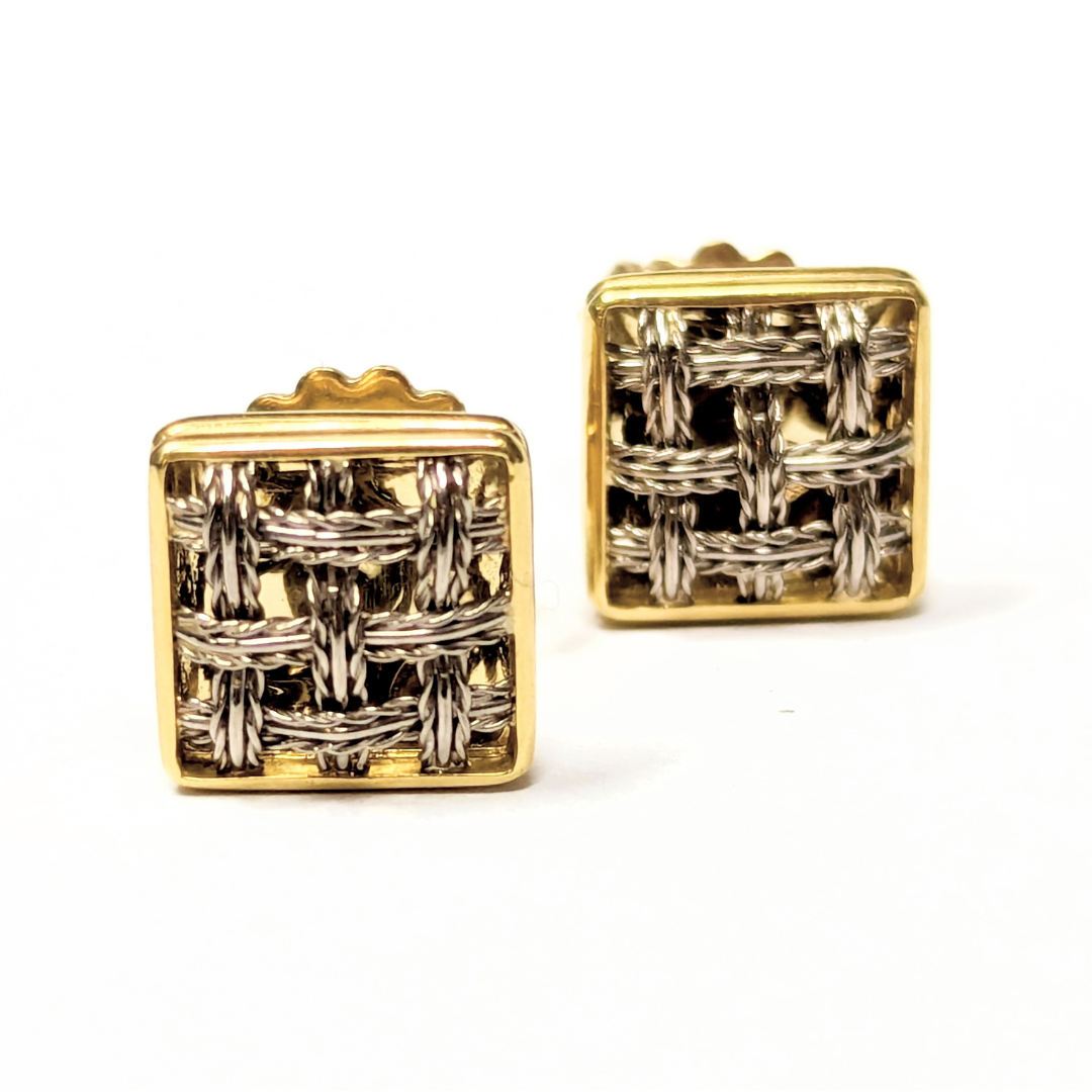 18k yellow and white gold square stud earrings featuring a detailed white gold basket weave mesh design.