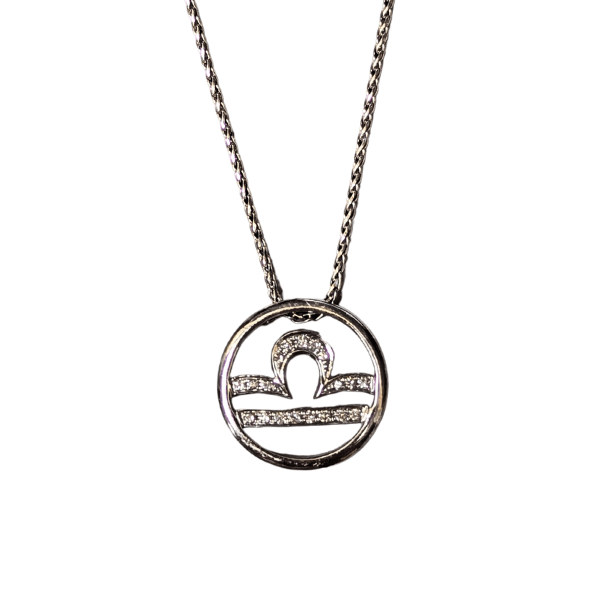18k white gold Libra zodiac pendant necklace featuring 19 round brilliant cut diamonds on a 16-inch chain.