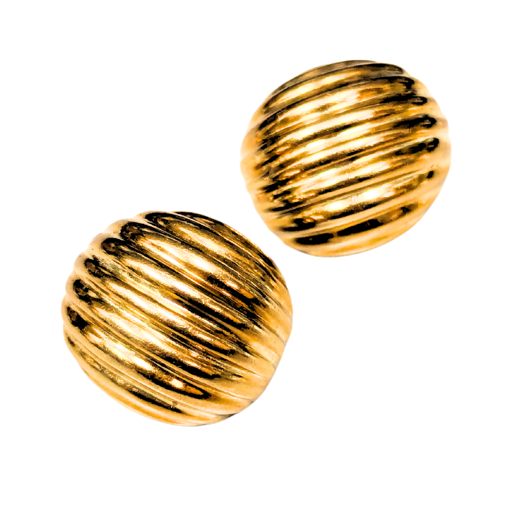 Pair of 18k yellow gold dome earrings featuring a polished, fluted spherical design on a white background.