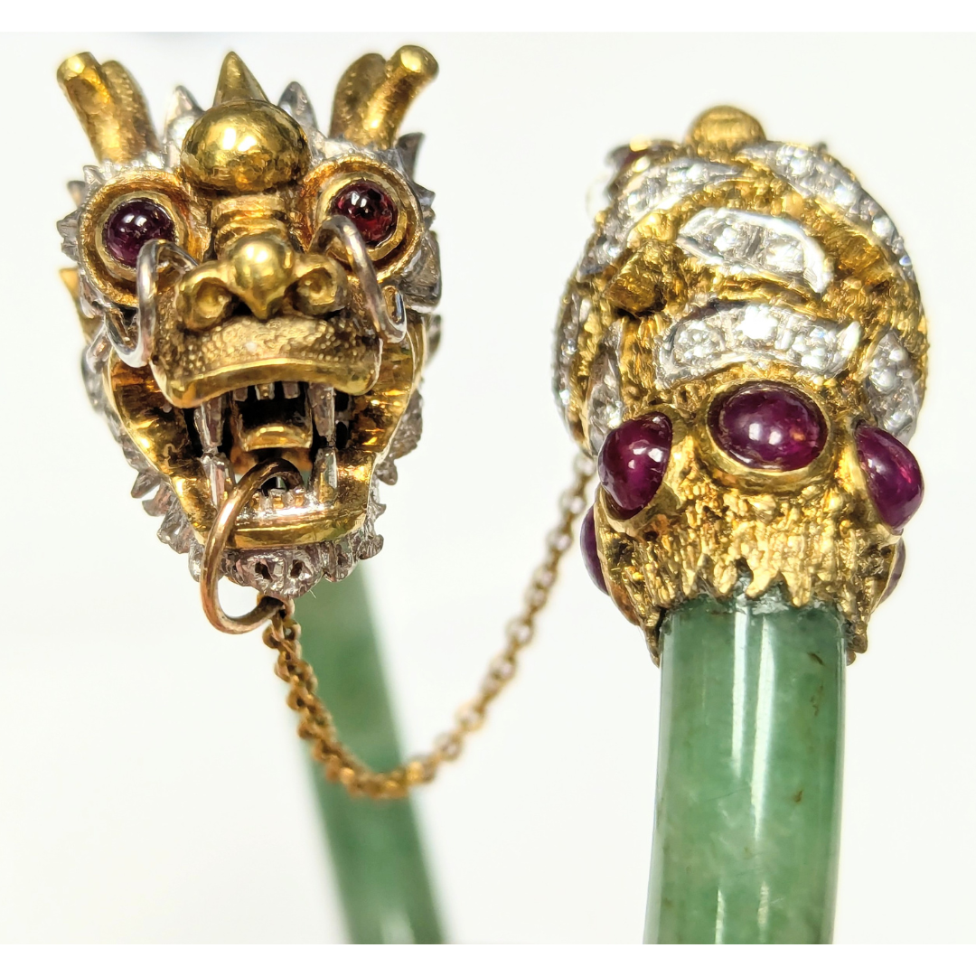 18k Yellow Gold Hinged Jade Bangle with Tiger and Dragon's Head Motif-Bracelet-Antique, Estate & Consignment-hurdles-jewelry-boulder-colorado