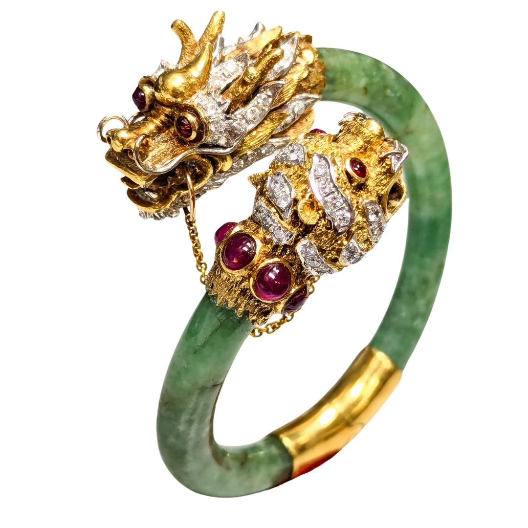 18k Yellow Gold Hinged Jade Bangle with Tiger and Dragon's Head Motif-Bracelet-Antique, Estate & Consignment-hurdles-jewelry-boulder-colorado