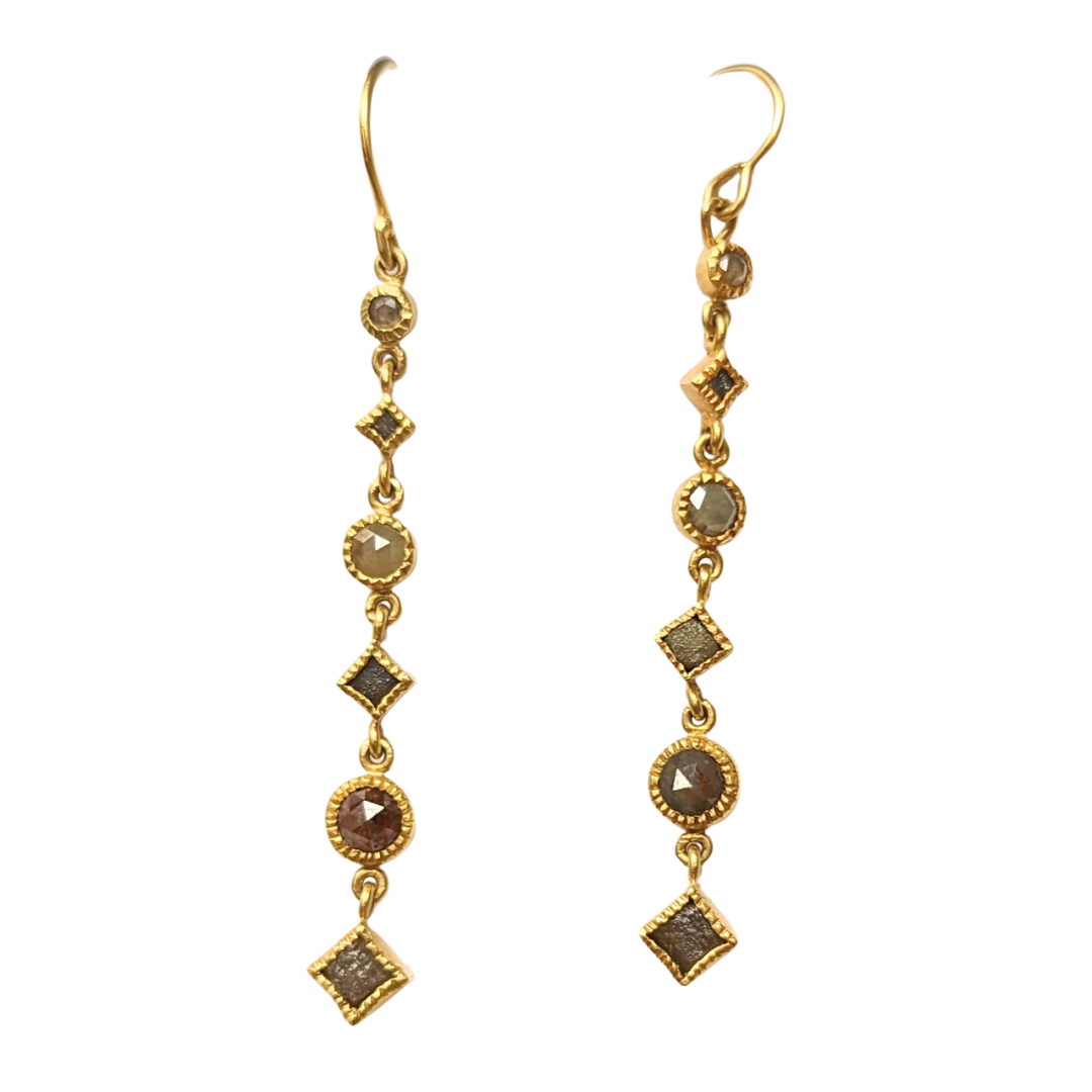 18k yellow gold duster earrings featuring multi-colored raw diamonds in milgrain-detailed round and square bezels.
