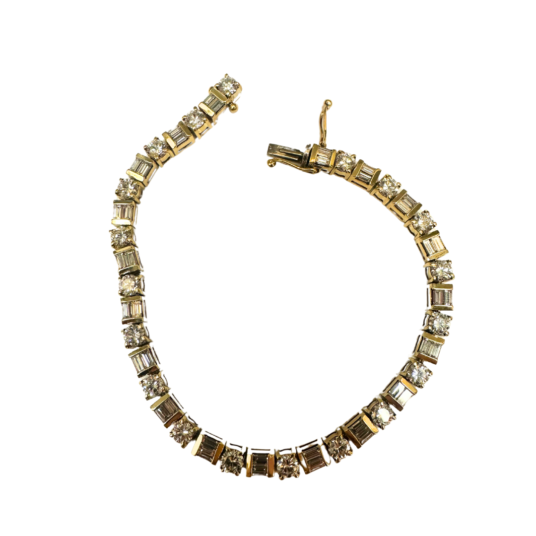 18k Yellow Gold Round Brilliant Diamond Tennis Bracelet with Baguette Cut Diamond Accents-Bracelet-Antique, Estate & Consignment-hurdles-jewelry-boulder-colorado
