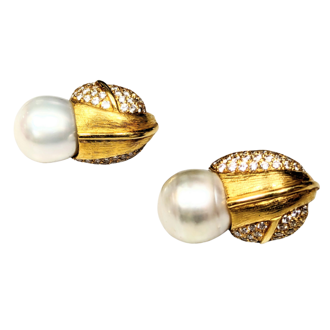 18k Yellow Gold South Sea Pearl and Diamond Leaf Earrings-Earrings-Antique, Estate & Consignment-hurdles-jewelry-boulder-colorado