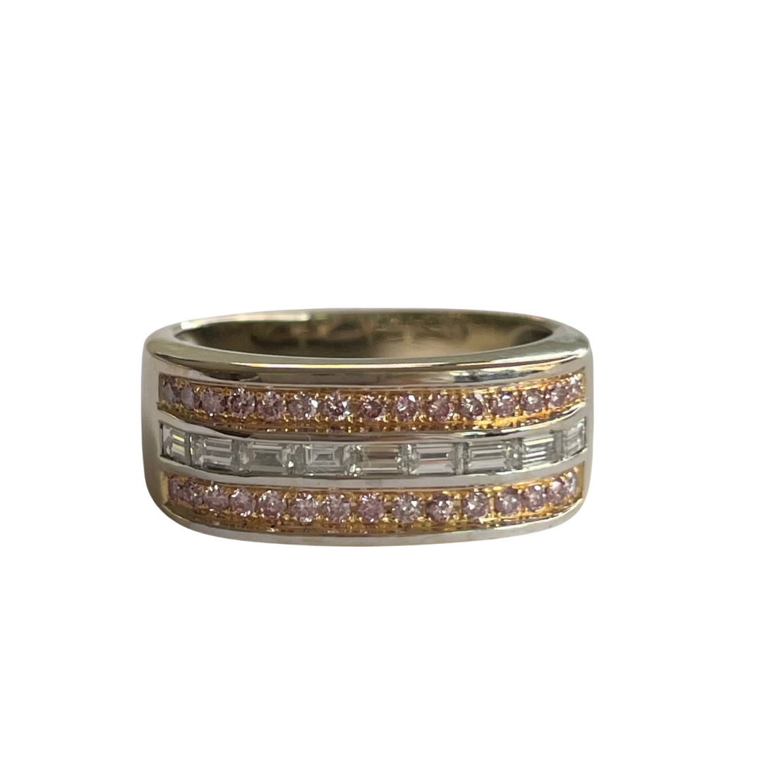 18kt yellow gold ring featuring alternating rows of pink round diamonds and white baguette diamonds.