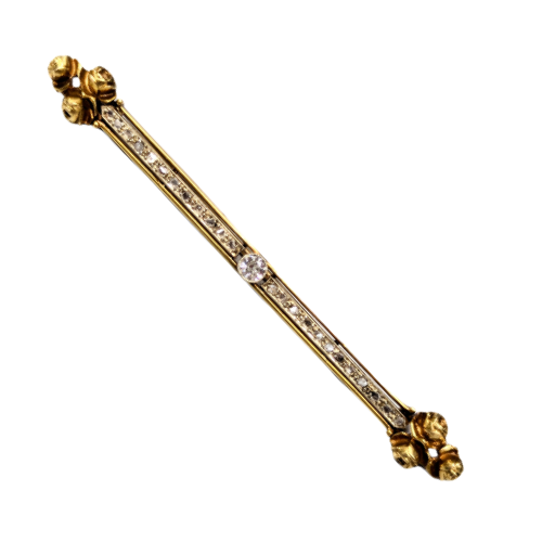 22k yellow gold bar pin featuring rose-cut diamonds and a central bezel-set Old European cut diamond.