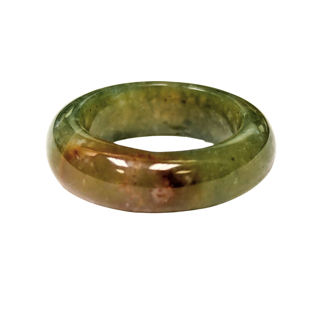 6.6mm wide solid green and brown mottled jade hololith band, size 5.