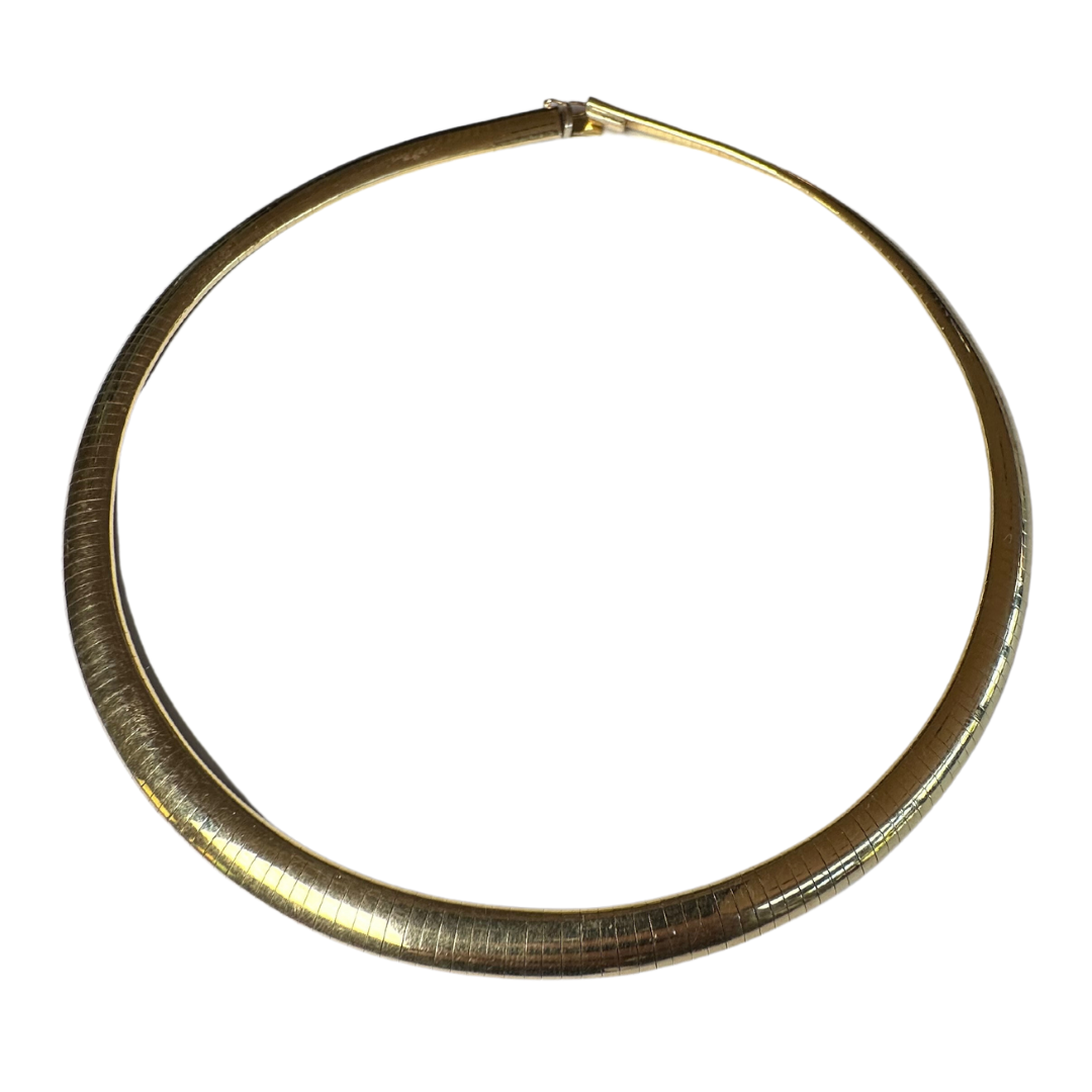 14k yellow gold 7mm wide Omega chain necklace, 16 inches long with a secure box clasp and safety closure.