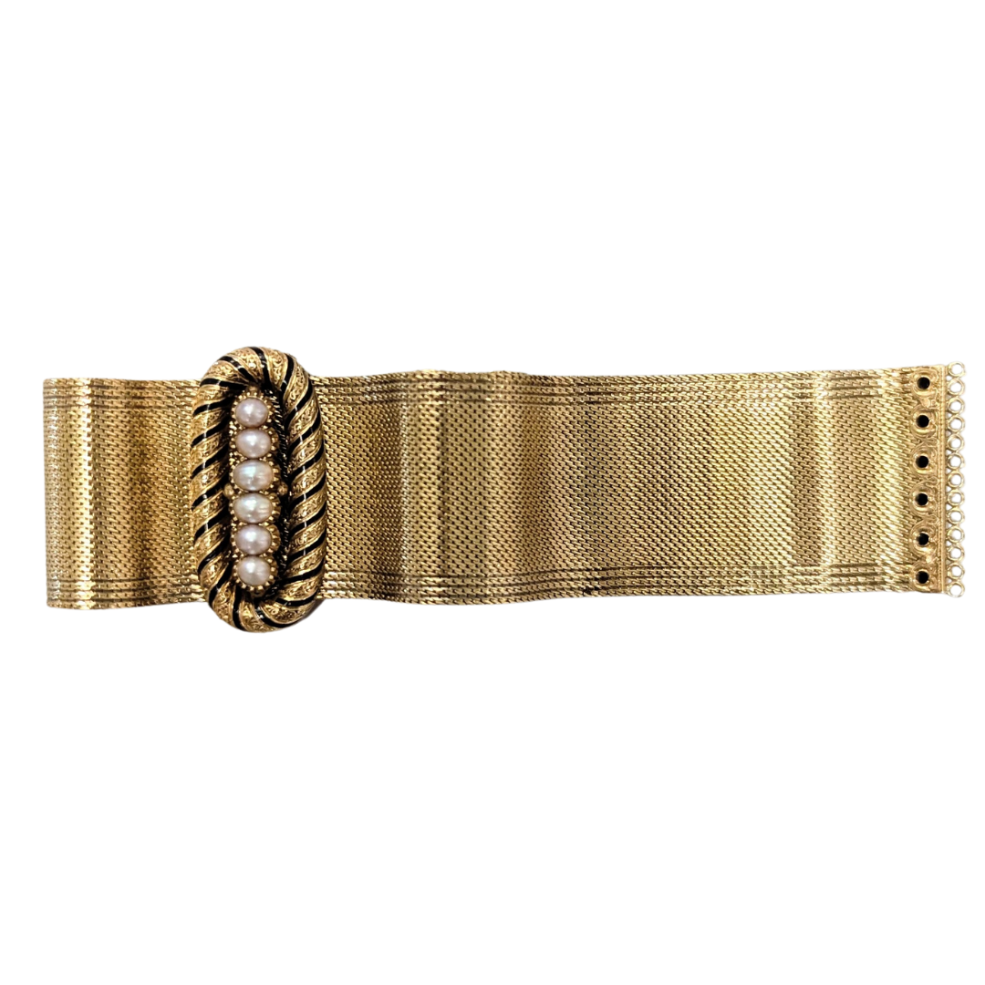 9k/10k Yellow Gold Victorian Adjustable Mesh Belt Bracelet with Black Enamel and Pearls-Earrings-Antique, Estate & Consignment-hurdles-jewelry-boulder-colorado