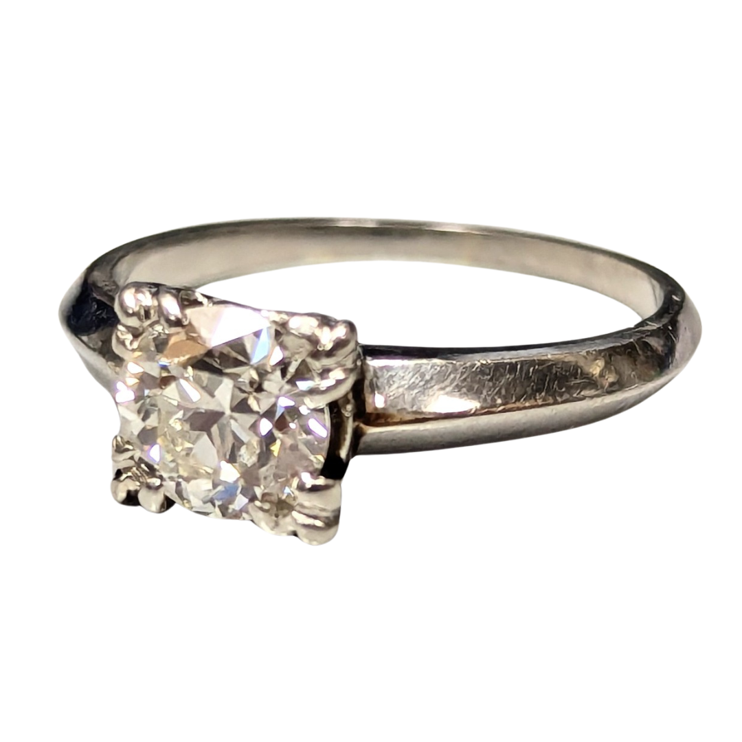 Antique 14k white gold solitaire ring featuring a 0.94 carat old European cut diamond in a classic prong setting.