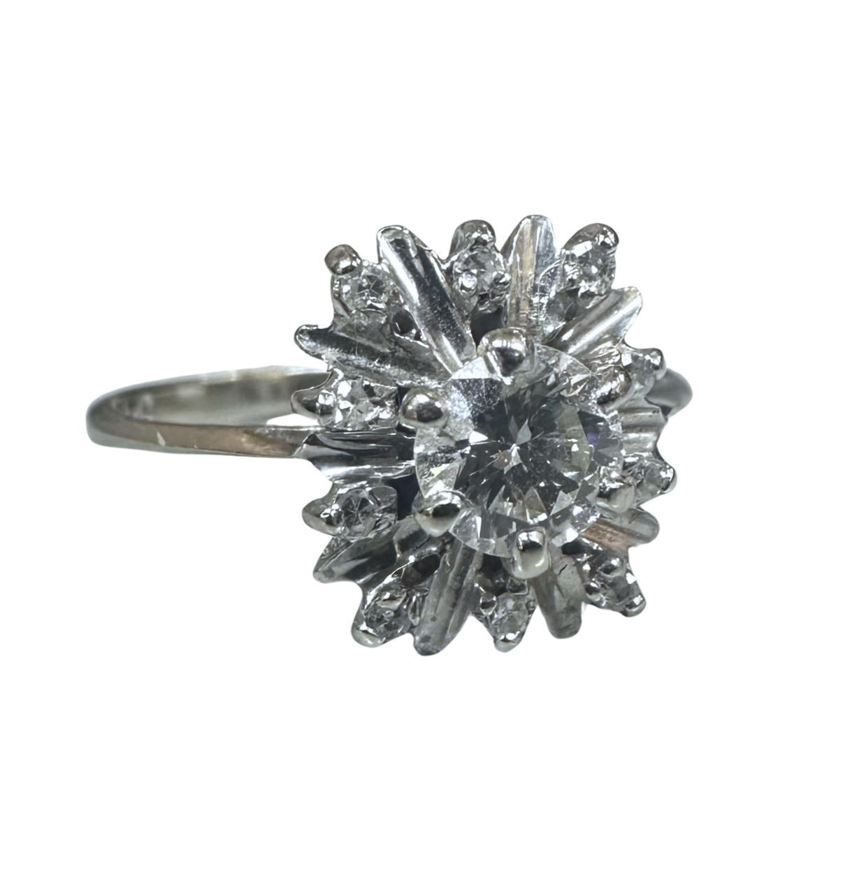 14k white gold ballerina ring with a 0.45ct round brilliant diamond center and accent diamonds in a starburst setting.