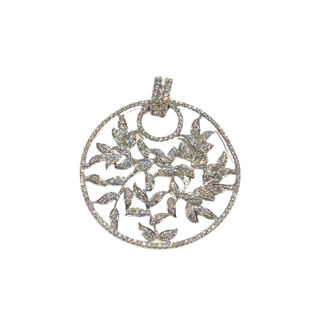 18K white gold circular floral pendant featuring 246 brilliant-cut diamonds in a delicate leaf design.