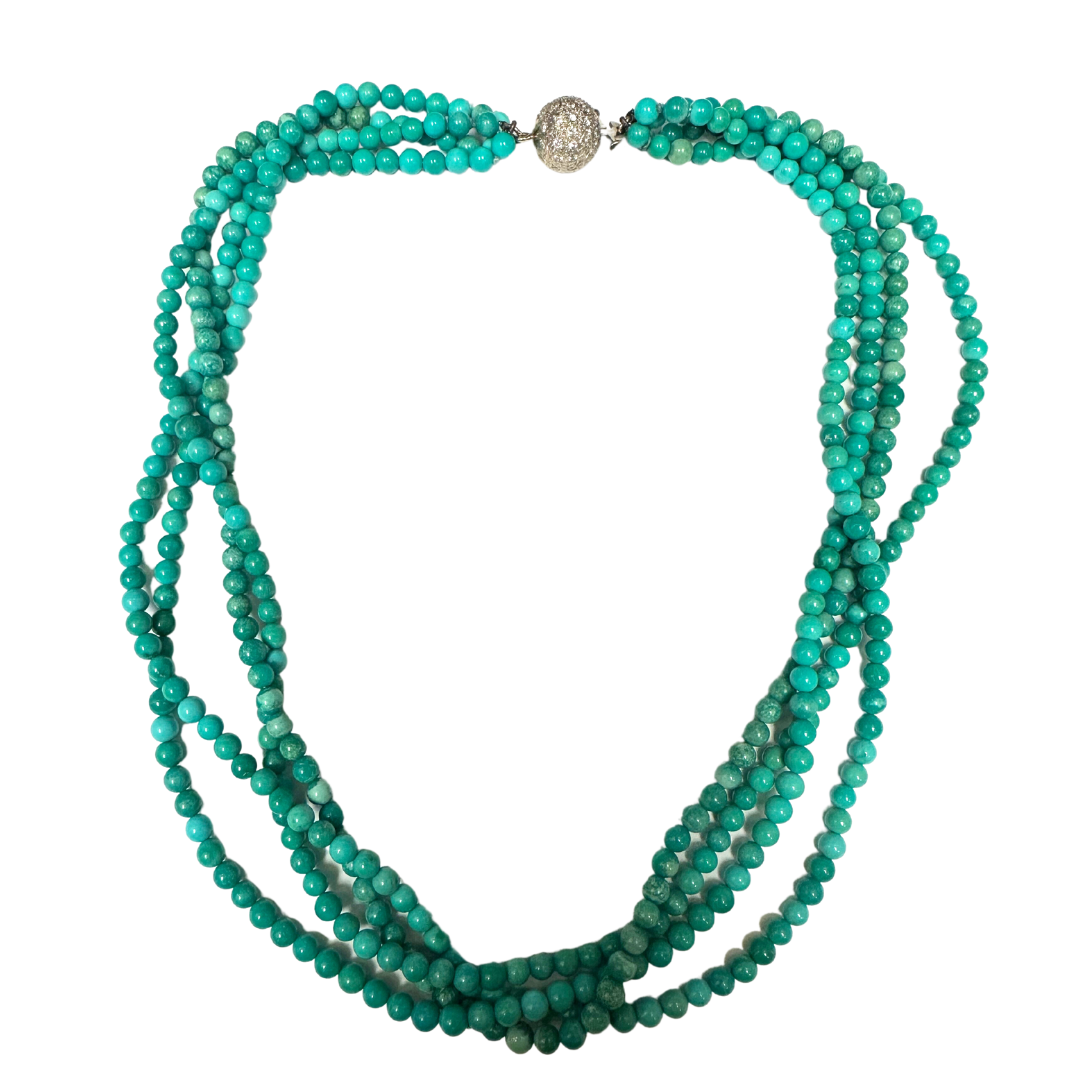 Four Strand Turquoise Beaded Necklace with an 18k White Gold and Diamond Clasp-Necklace-Antique, Estate & Consignment-hurdles-jewelry-boulder-colorado