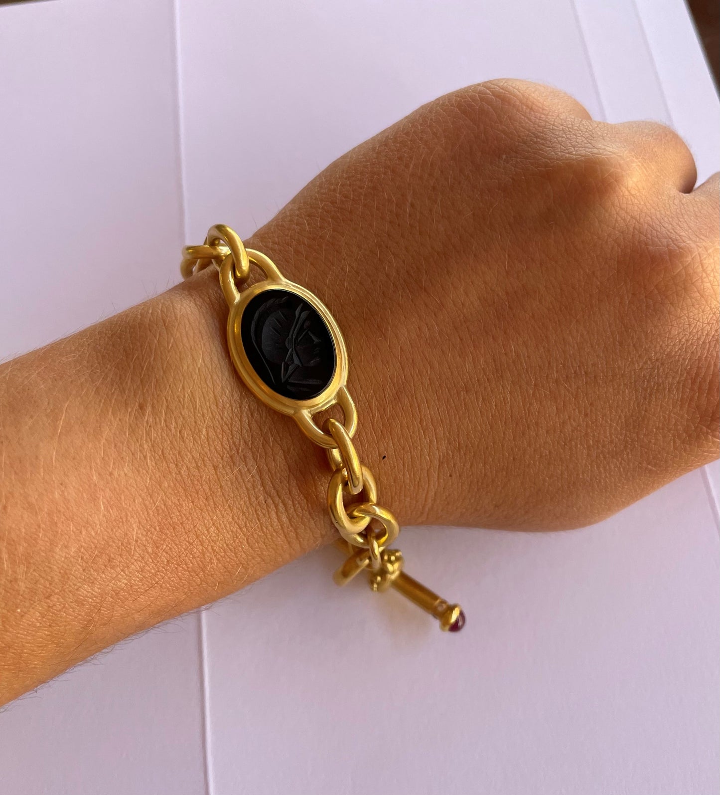 Intaglio Onyx & Carnelian Gold Bracelet-Bracelet-Antique, Estate & Consignment-hurdles-jewelry-boulder-colorado