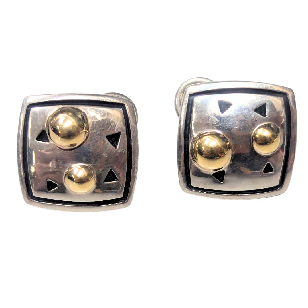 John Atencio cushion-shaped earrings in sterling silver with 18k yellow gold spheres and triangular cutouts.