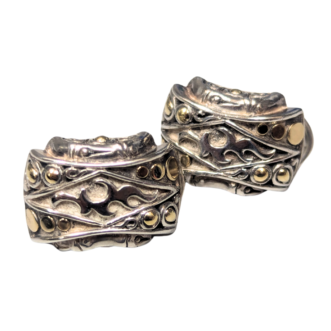 John Hardy hoop earrings in sterling silver and 18k gold with an intricate flame motif and polished gold accents.