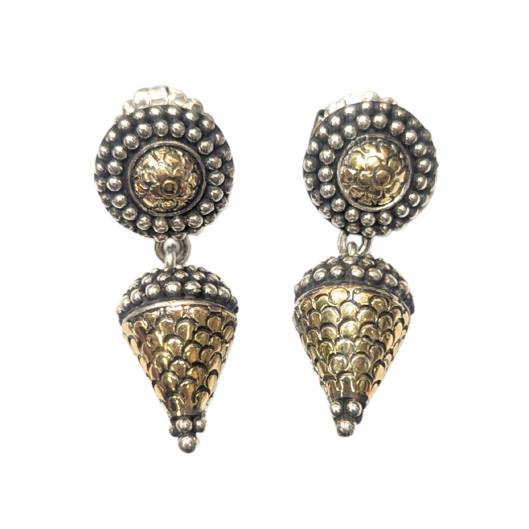 John Hardy drop earrings featuring sterling silver dot textures and 18k yellow gold cone accents on a white background.