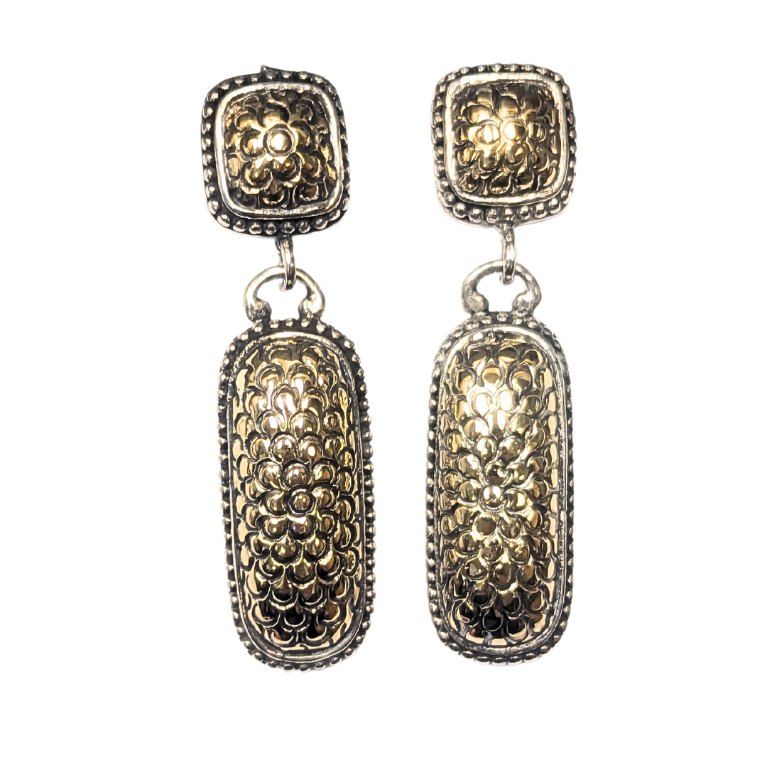 John Hardy drop earrings in sterling silver and 18k yellow gold with square and elongated cushion-shaped textured links.