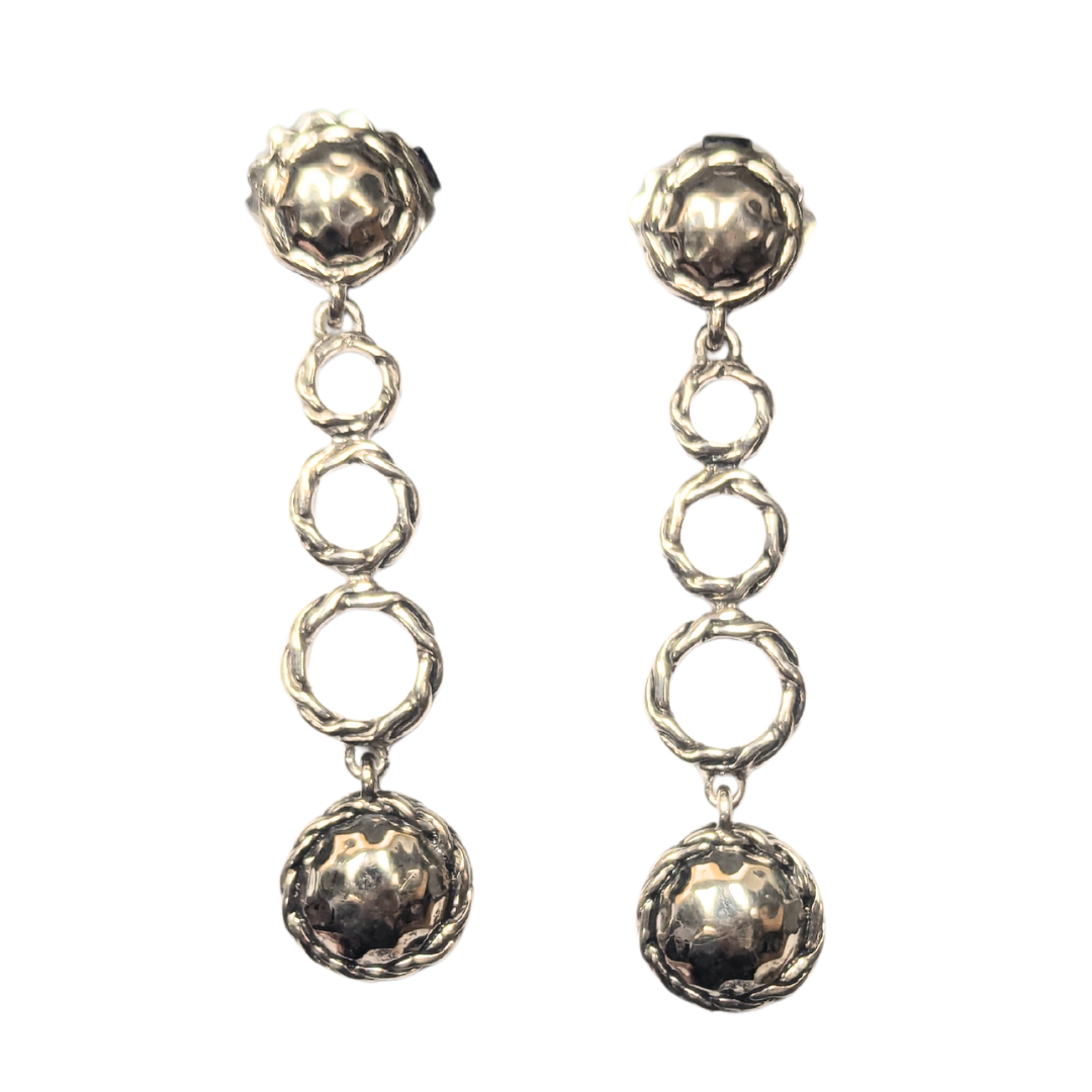 John Hardy sterling silver drop earrings featuring textured circular links and polished dome accents.