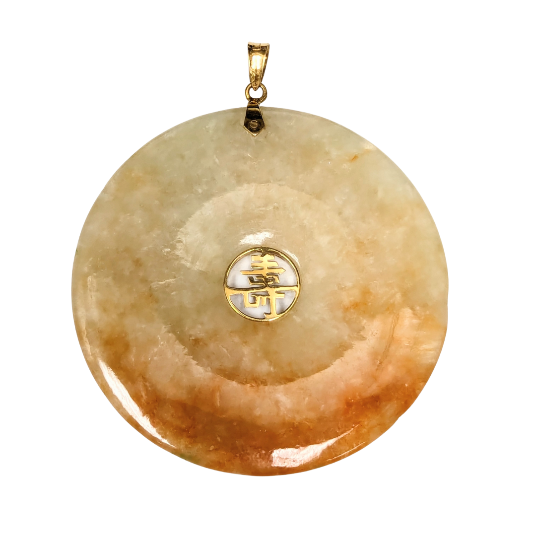48mm round red and yellow jade Bi pendant featuring a central gold Chinese health character and 14k gold bail.
