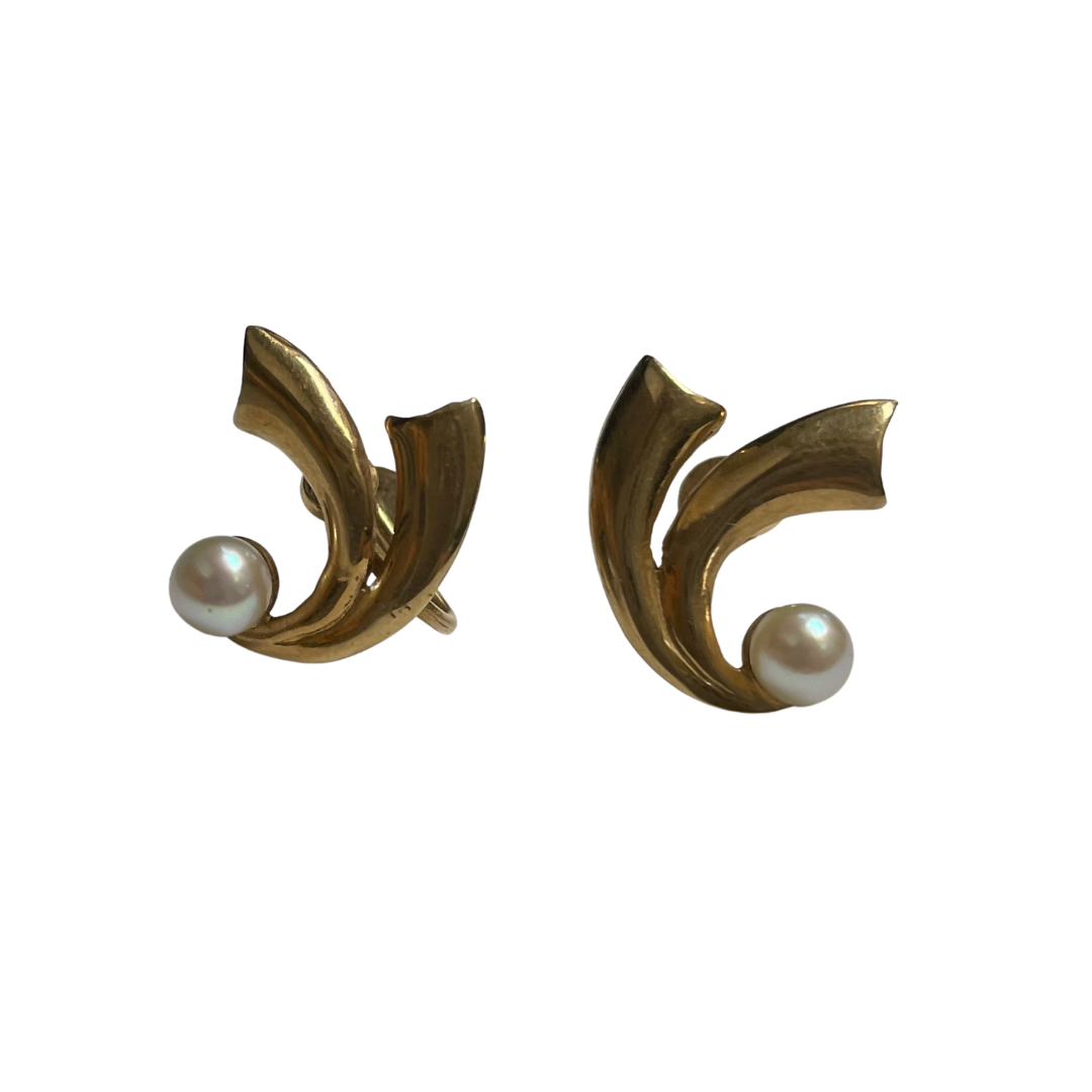 Non-Pierced Gold & Pearl Earrings-Earrings-Antique, Estate & Consignment-hurdles-jewelry-boulder-colorado