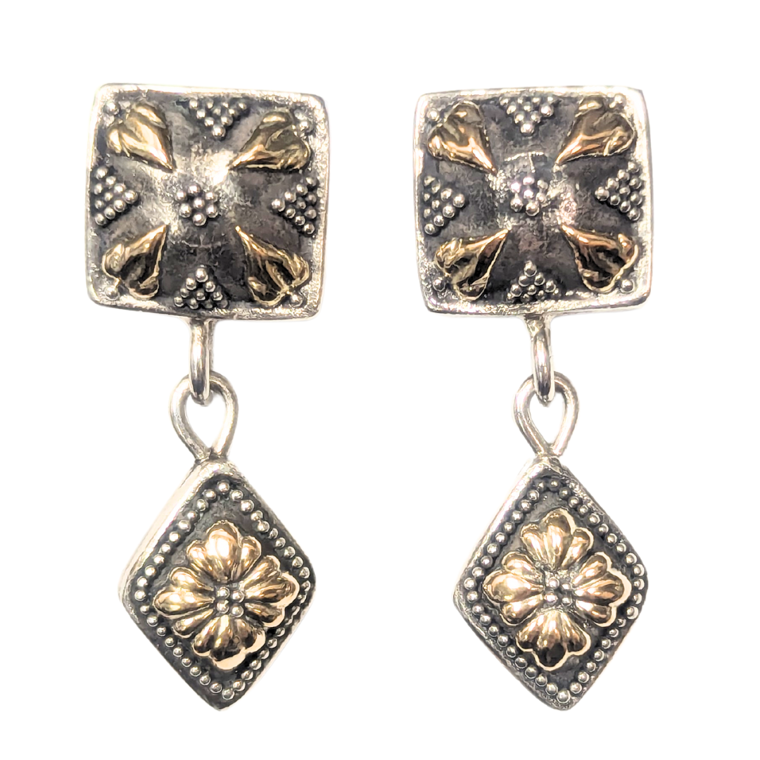 John Hardy sterling silver and 18k gold drop earrings featuring square and diamond-shaped charms with ornate metalwork.