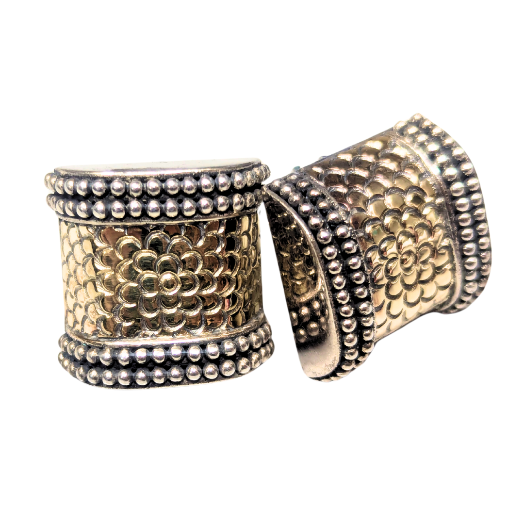 John Hardy square earrings in sterling silver and 18k yellow gold with millgrained edges and floral detailing.