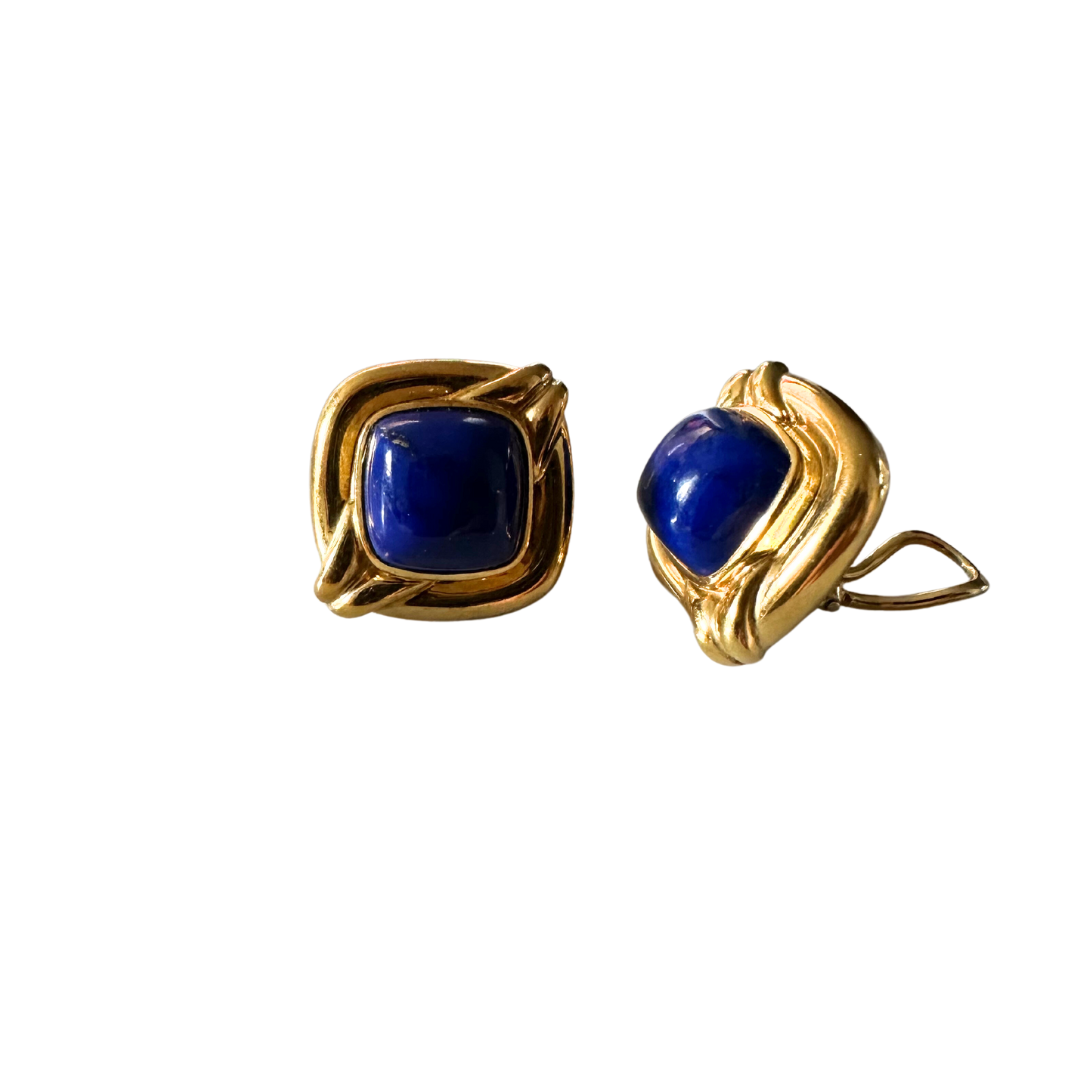 Pair of 18k Yellow Gold Modernist Earrings set with Lapis Cabochons-Earrings-Antique, Estate & Consignment-hurdles-jewelry-boulder-colorado
