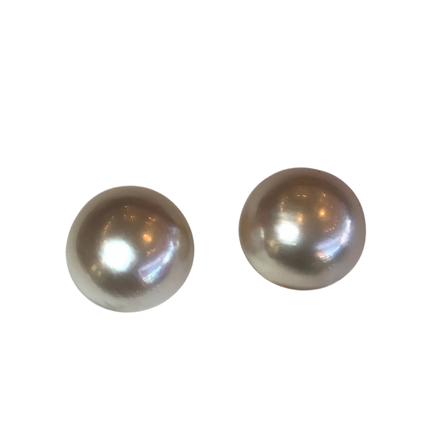 Pair of lustrous 16.3mm round mabe pearls with a soft, iridescent white sheen against a plain white background.