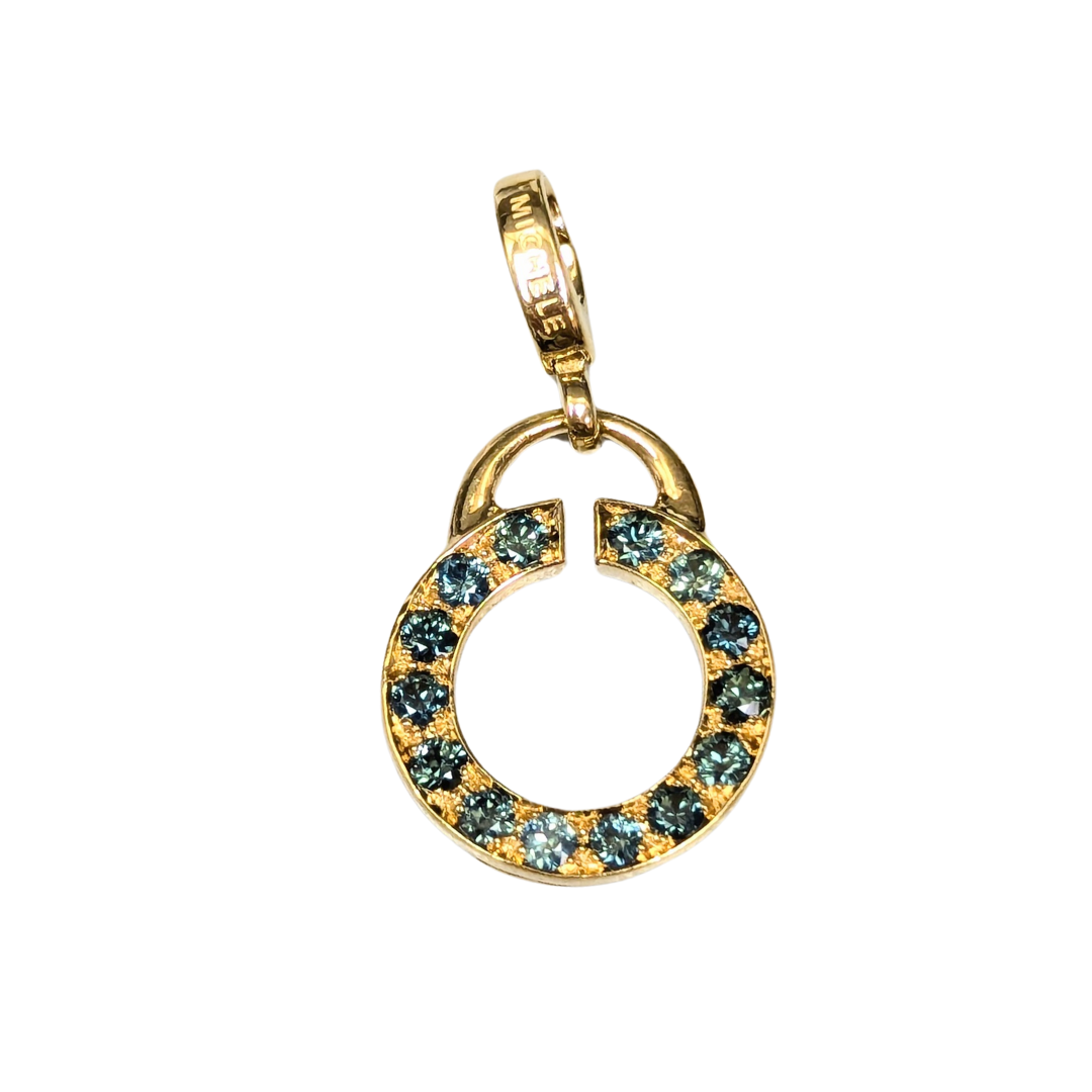18k yellow gold circle charm featuring 14 round teal diamonds totaling .42ct by Michelle.