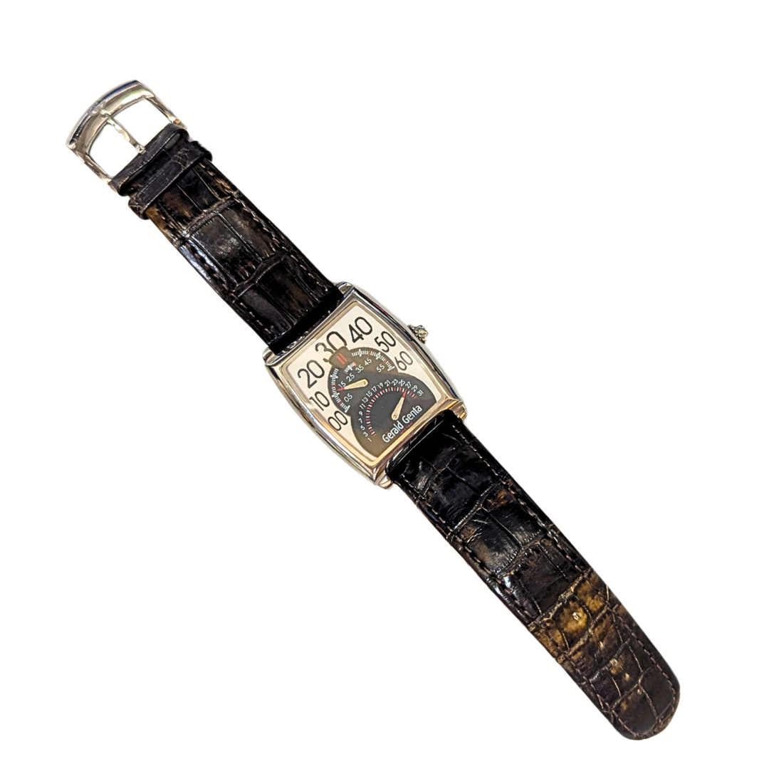 Gerald Genta Bi-Retro Solo watch with a rectangular stainless steel case and a black alligator leather strap.