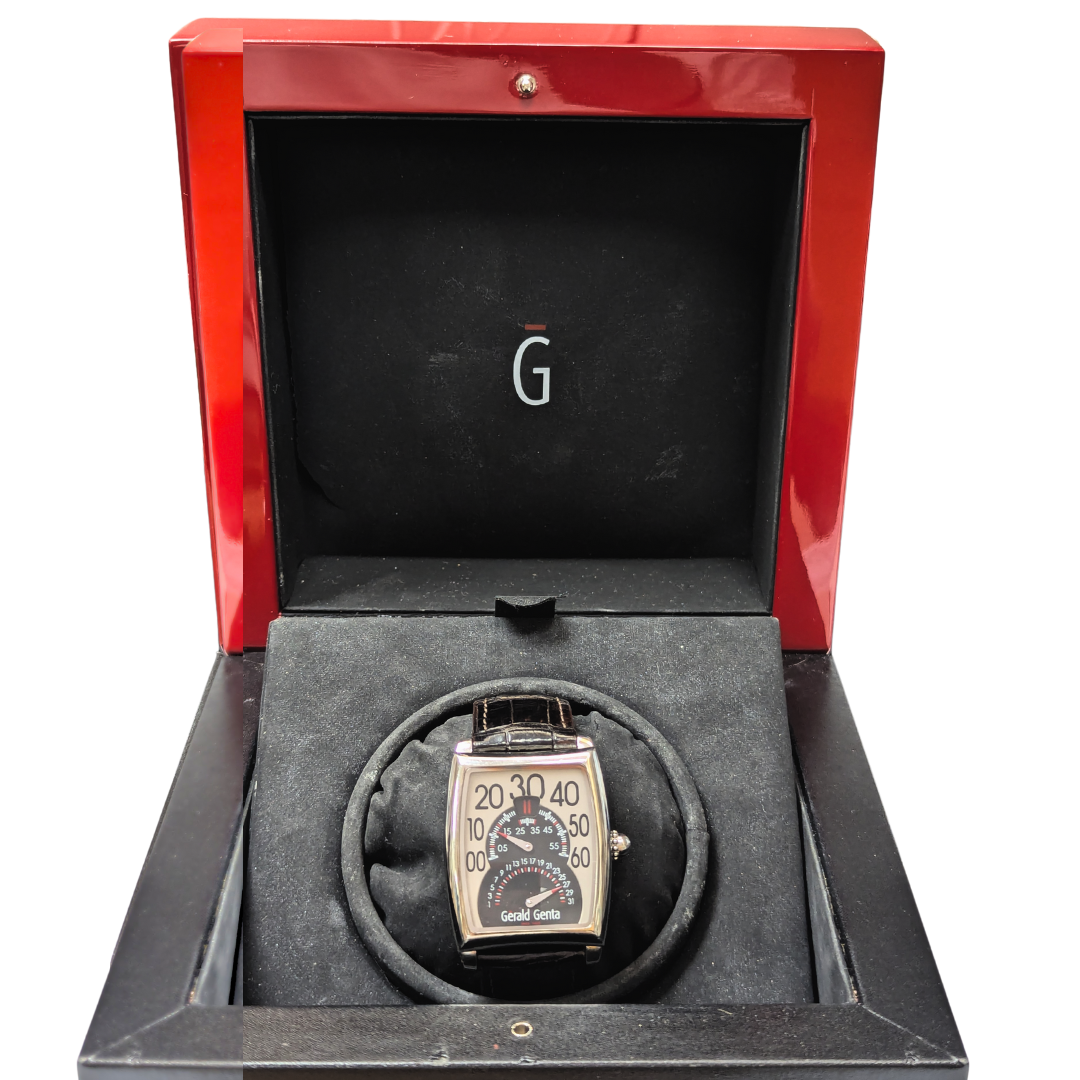Pre-owned Gerald Genta Bi-Retro Solo watch in a red and black presentation box with a stainless steel case and leather strap.