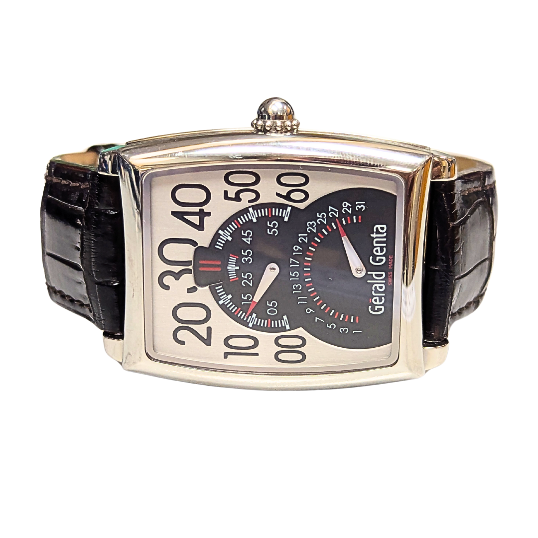 Gerald Genta Bi-Retro Solo watch with a stainless steel rectangular case, black leather strap, and unique retrograde dial.