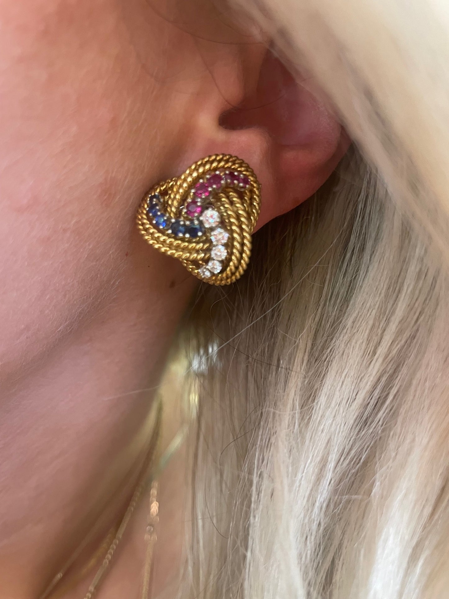 Ruby, Diamond & Sapphire Gold Earrings-Earrings-Antique, Estate & Consignment-hurdles-jewelry-boulder-colorado