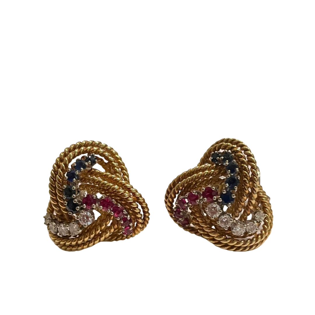 Ruby, Diamond & Sapphire Gold Earrings-Earrings-Antique, Estate & Consignment-hurdles-jewelry-boulder-colorado