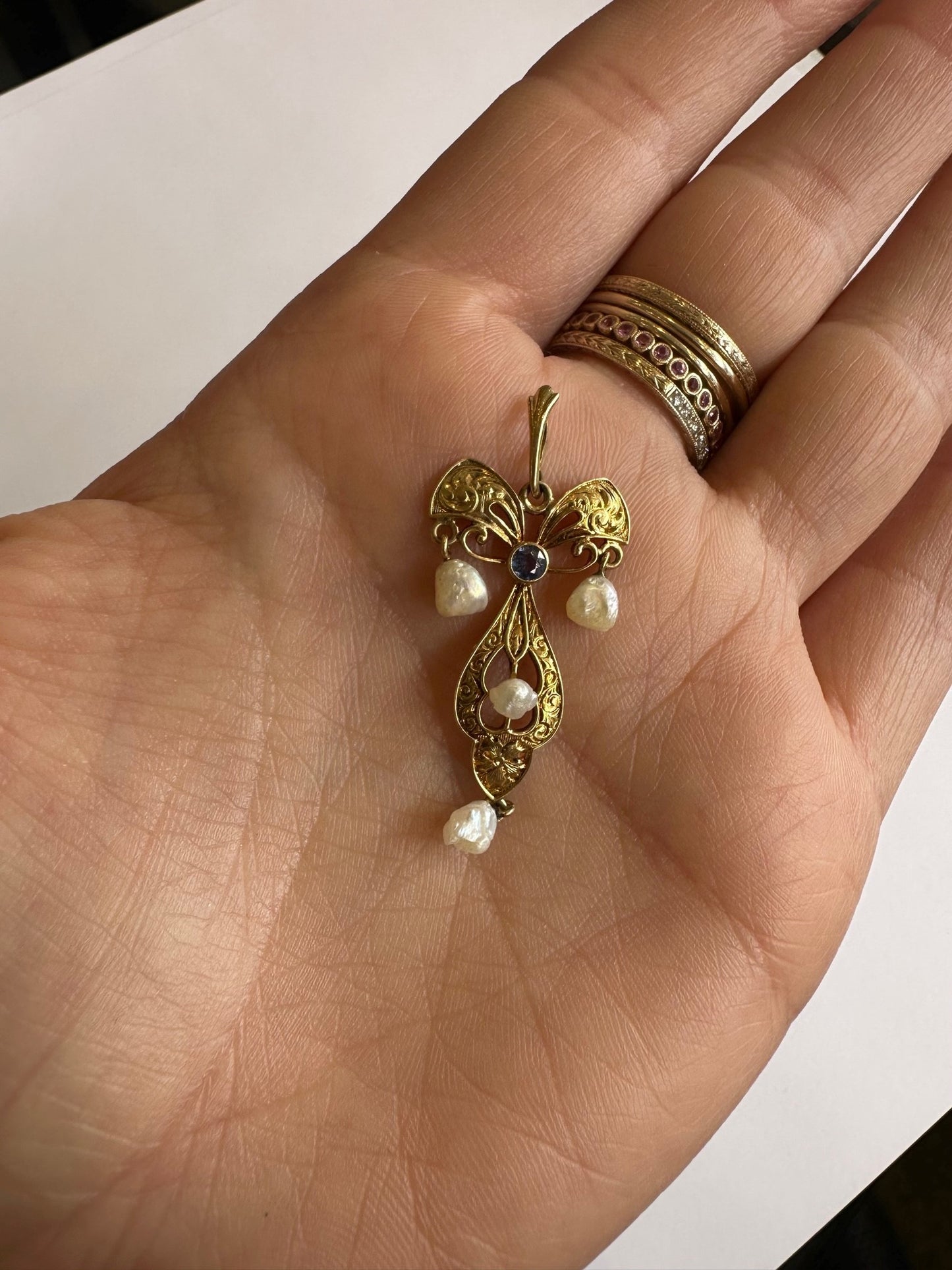 Sapphire & Pearl Lavalier Pendant-Pendant-Antique, Estate & Consignment-hurdles-jewelry-boulder-colorado