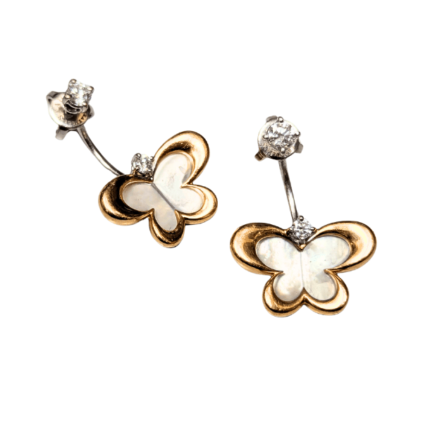 Staurino Fratelli butterfly earrings in 18k white and rose gold with mother of pearl and diamond accents.