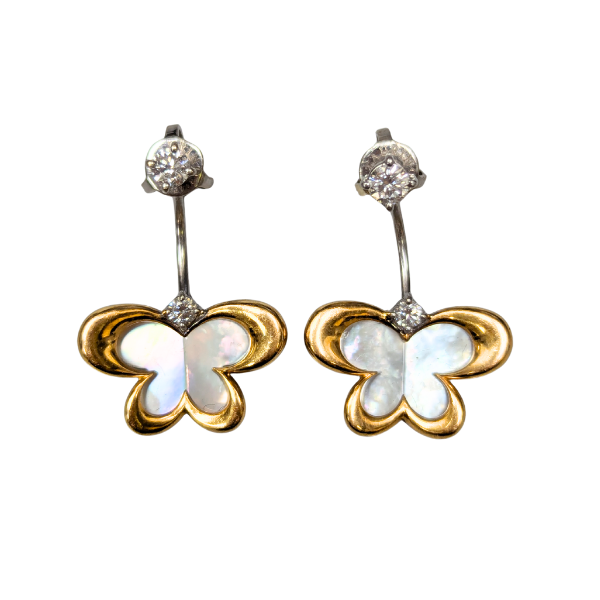 Staurino Fratelli 18k gold butterfly earrings with mother of pearl inlay and brilliant cut diamond accents.