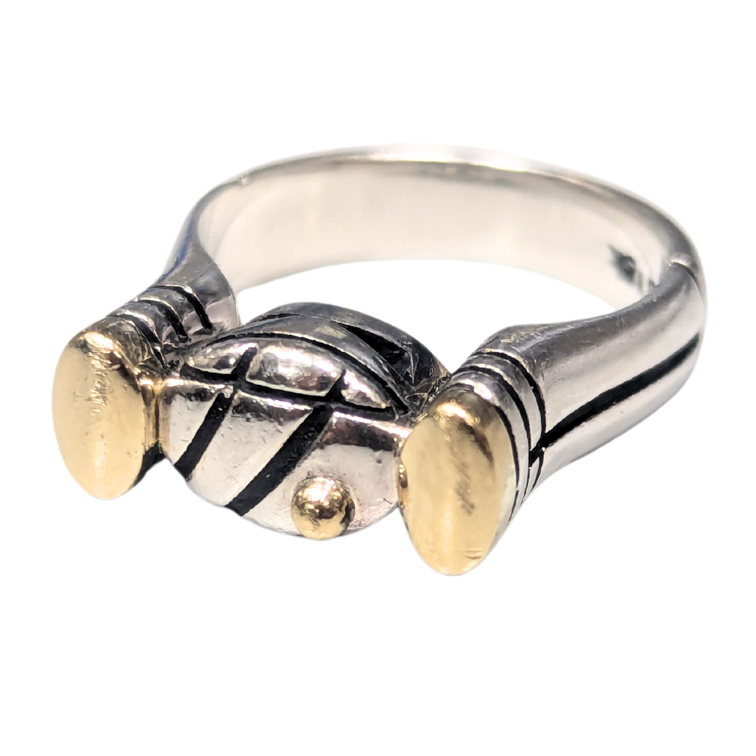 John Atencio modernist ring in sterling silver and 18k yellow gold, size 6.25, featuring a unique mixed-metal geometric design.